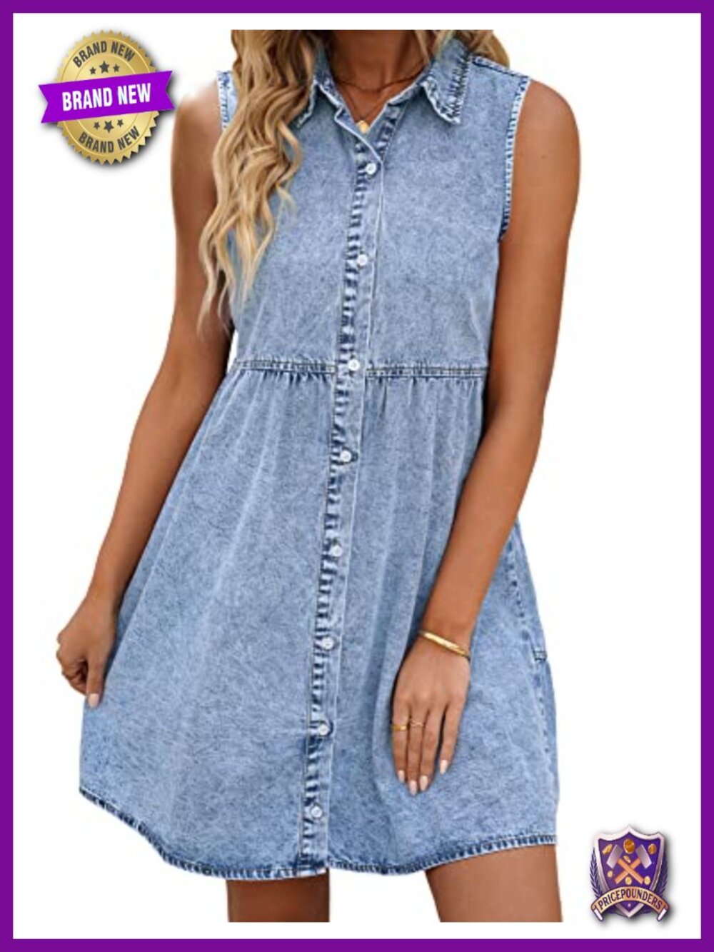 Sleeveless Button Down Denim Babydoll Dress High Low Hem Summer